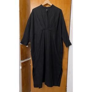 Loess Heavy Linen Cocoon Dress Lagenlook Boho Caftan Sz U Spain Black Artsy OS